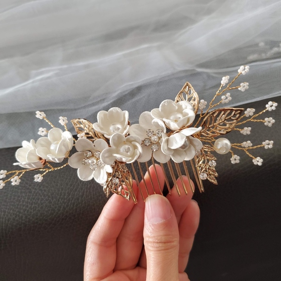 3pcs White Flower Bridal Headpiece Gold Comb Pin main image 6